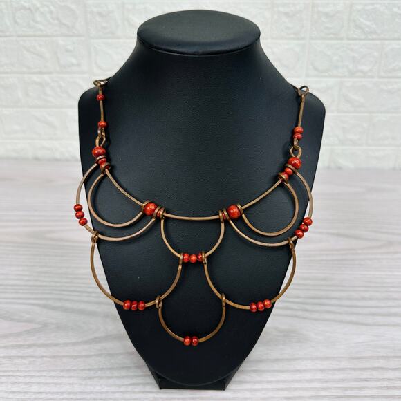 Handmade Copper Boho Choker Necklace Multi-layered w/ Red Wood Beads Hook Clasp - Picture 6 of 6